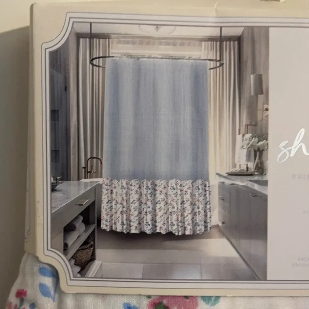 Cotton Gauze Shower Curtain 72x72 White Blue Floral Butterfly Ruffle Hem cottage